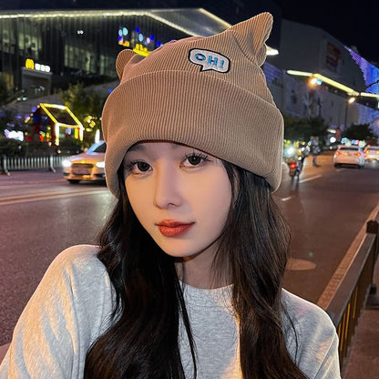 Lettering Embroidered Cat Ear Knit Beanie