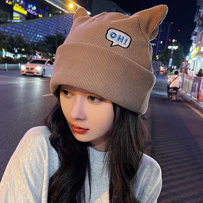 Lettering Embroidered Cat Ear Knit Beanie