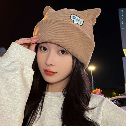 Lettering Embroidered Cat Ear Knit Beanie