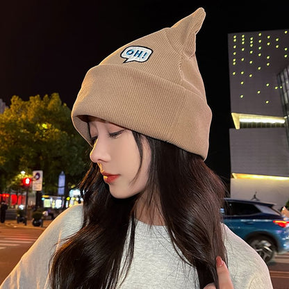 Lettering Embroidered Cat Ear Knit Beanie