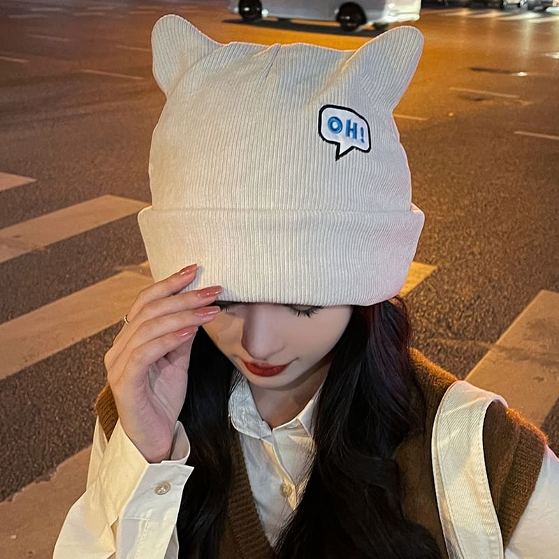 Lettering Embroidered Cat Ear Knit Beanie