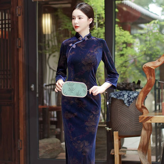 3/4-Sleeve Floral Print Midi Qipao