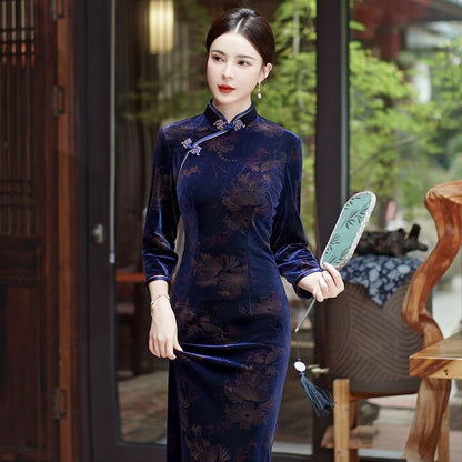 3/4-Sleeve Floral Print Midi Qipao