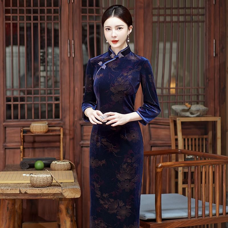 3/4-Sleeve Floral Print Midi Qipao