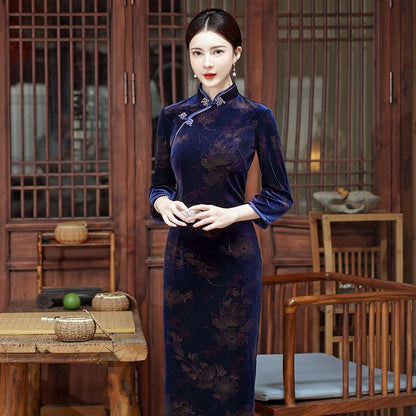 3/4-Sleeve Floral Print Midi Qipao