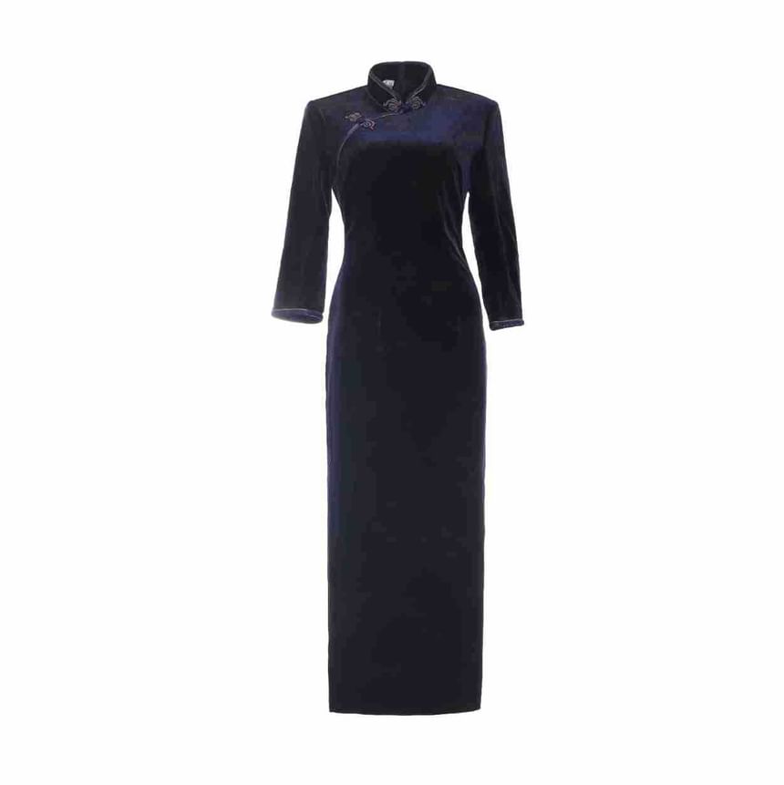 3/4-Sleeve Floral Print Midi Qipao