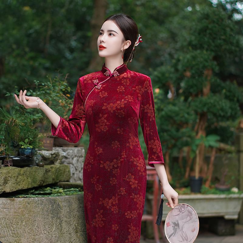3/4-Sleeve Floral Print Midi Qipao
