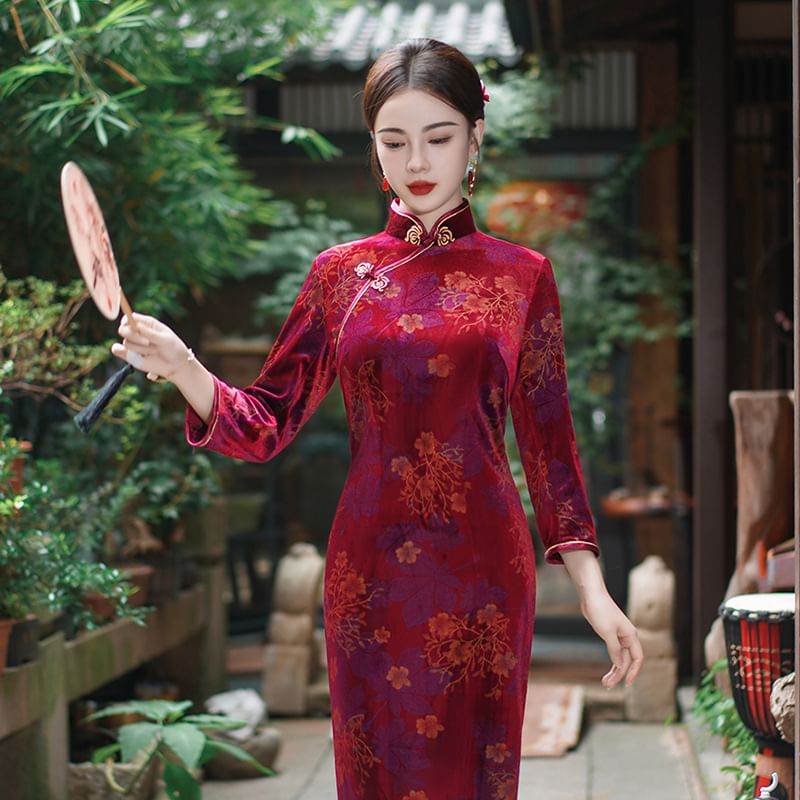 3/4-Sleeve Floral Print Midi Qipao