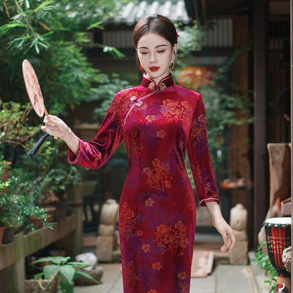 3/4-Sleeve Floral Print Midi Qipao