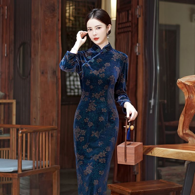 3/4-Sleeve Floral Print Midi Qipao