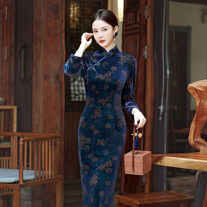 3/4-Sleeve Floral Print Midi Qipao