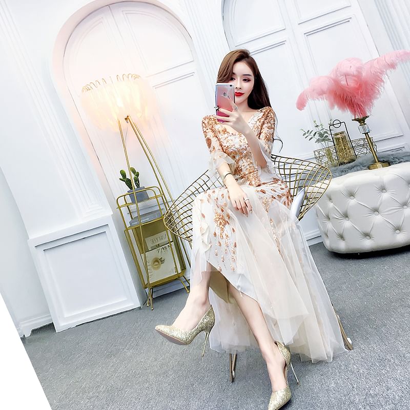 Mermaid Evening Gown Elbow-Sleeve Printed V-Neck