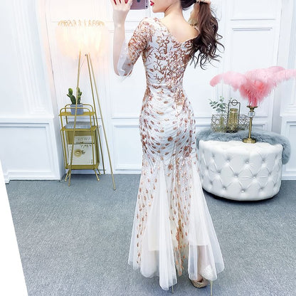 Mermaid Evening Gown Elbow-Sleeve Printed V-Neck