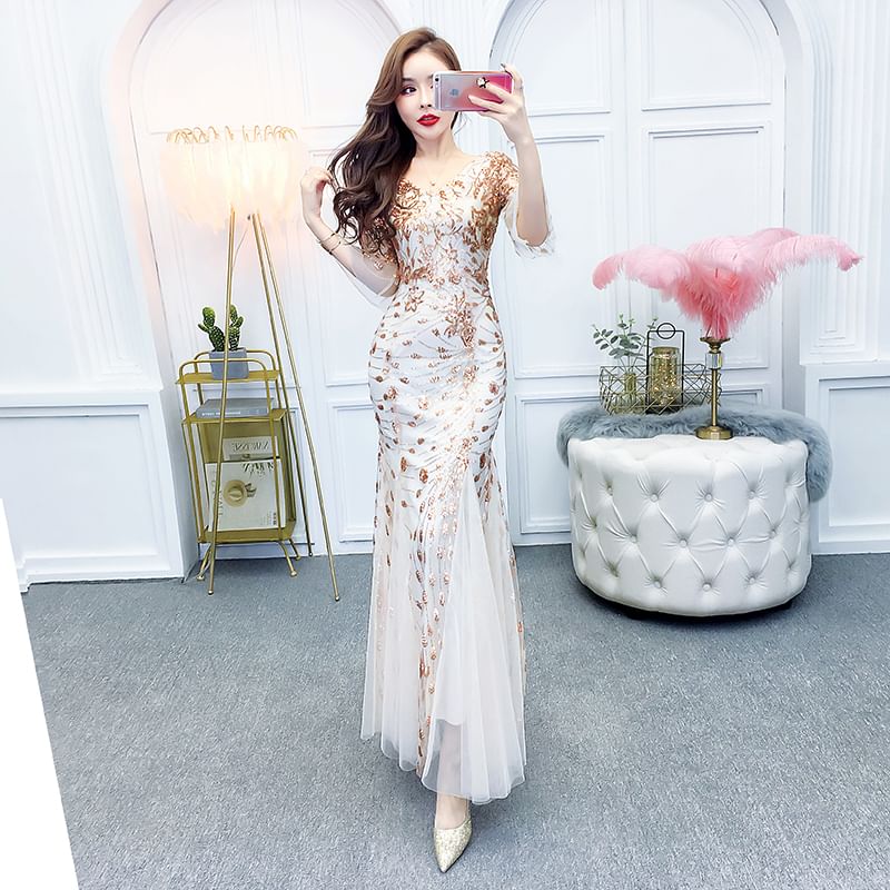 Mermaid Evening Gown Elbow-Sleeve Printed V-Neck