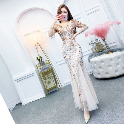 Mermaid Evening Gown Elbow-Sleeve Printed V-Neck