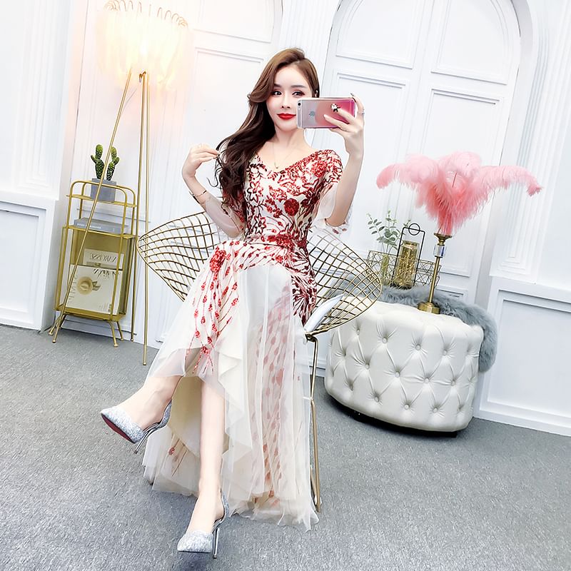 Mermaid Evening Gown Elbow-Sleeve Printed V-Neck