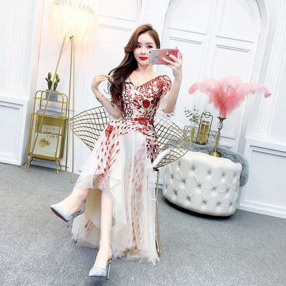Mermaid Evening Gown Elbow-Sleeve Printed V-Neck