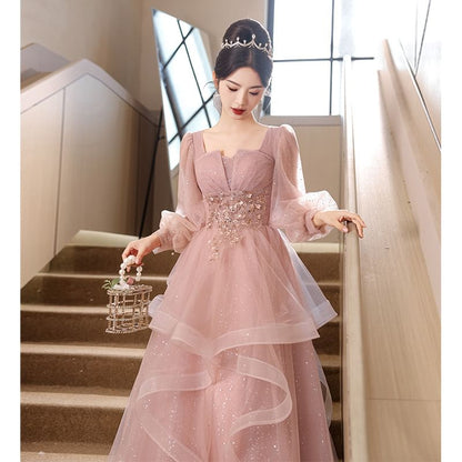 Long-Sleeve Sequin Mesh A-Line Evening Gown