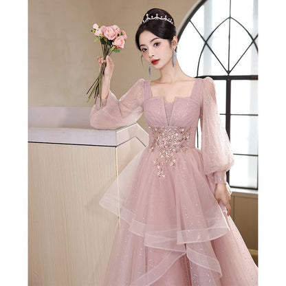 Long-Sleeve Sequin Mesh A-Line Evening Gown