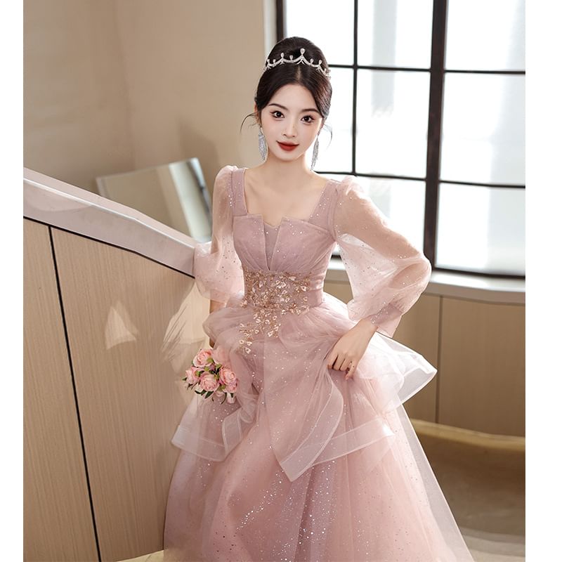 Long-Sleeve Sequin Mesh A-Line Evening Gown
