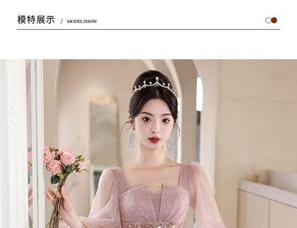 Long-Sleeve Sequin Mesh A-Line Evening Gown