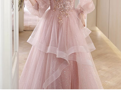 Long-Sleeve Sequin Mesh A-Line Evening Gown