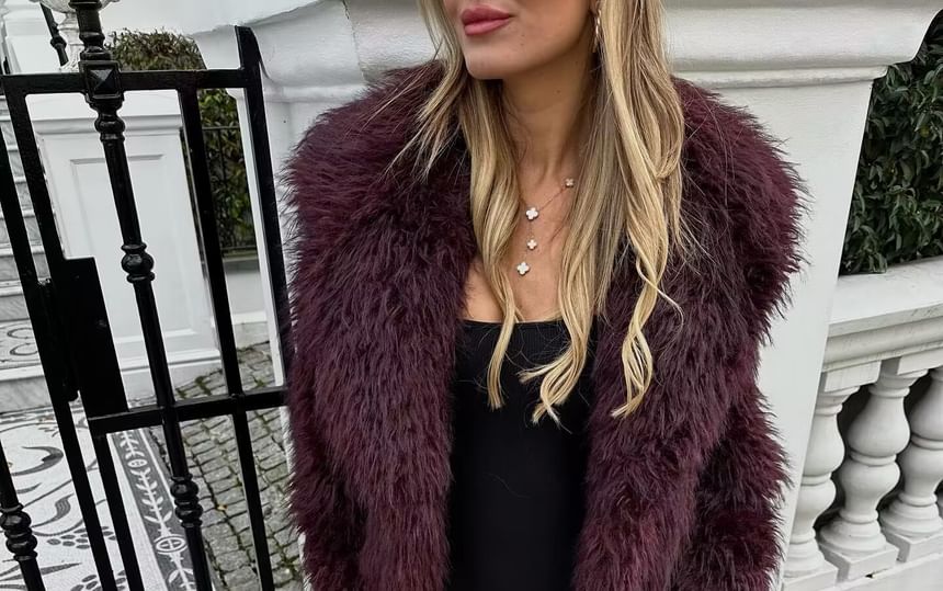 Lapel Collar Plain Fluffy Open Front Crop Jacket