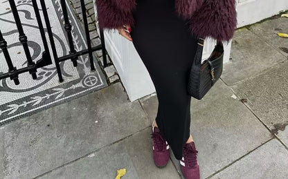 Lapel Collar Plain Fluffy Open Front Crop Jacket