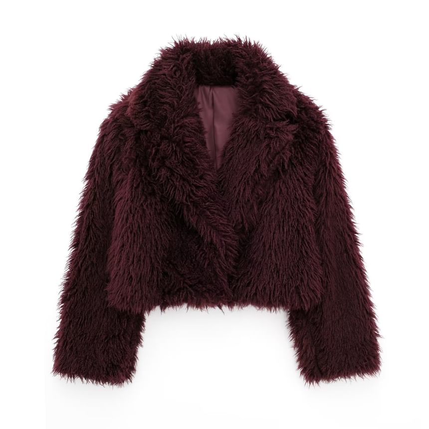 Lapel Collar Plain Fluffy Open Front Crop Jacket