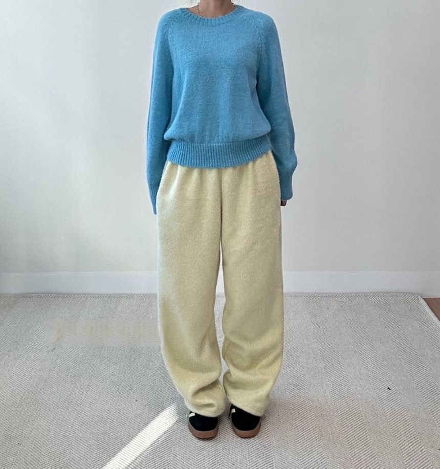 Mid Rise Plain Fleece Wide Leg Sweatpants