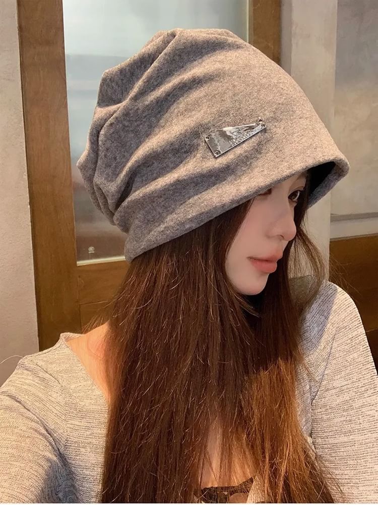 Metal Plate Knit Slouchy Beanie