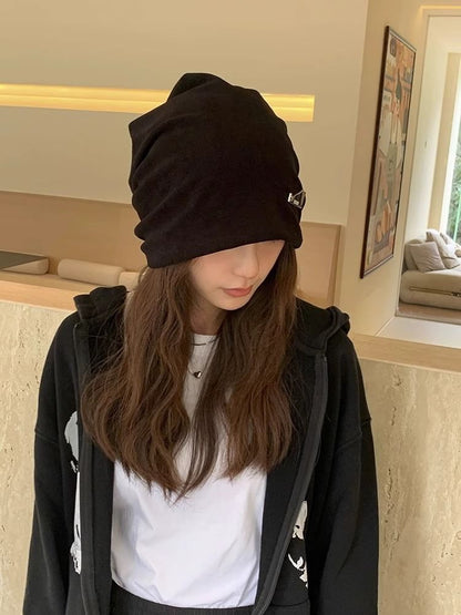 Metal Plate Knit Slouchy Beanie