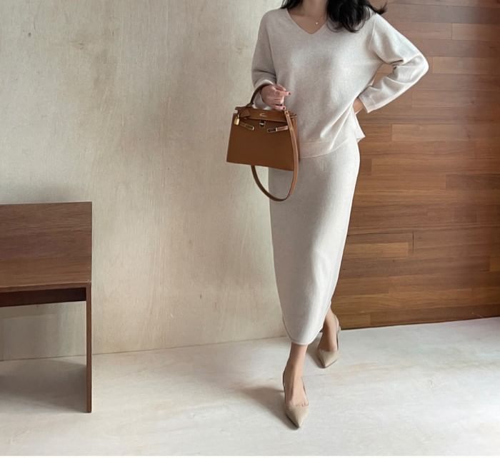 V-Neck Sweater and Knit Pencil Skirt Set