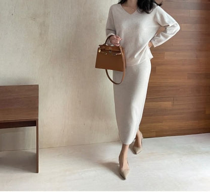 V-Neck Sweater and Knit Pencil Skirt Set