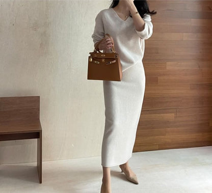 V-Neck Sweater and Knit Pencil Skirt Set