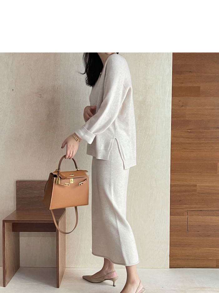 V-Neck Sweater and Knit Pencil Skirt Set