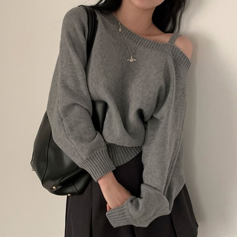 Asymmetrical Neck Cold-Shoulder Sweater