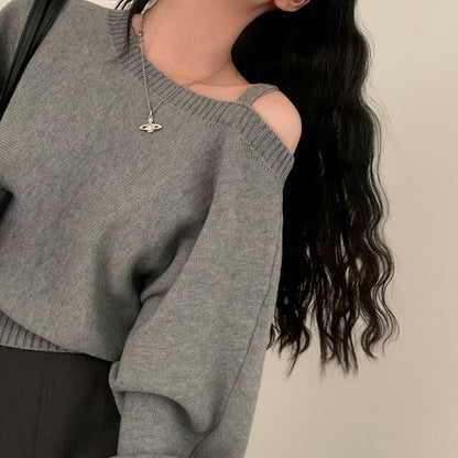 Asymmetrical Neck Cold-Shoulder Sweater