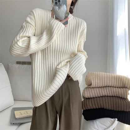 Crew Neck Plain Ribbed Sweater