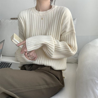 Crew Neck Plain Ribbed Sweater