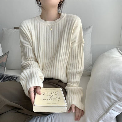 Crew Neck Plain Ribbed Sweater