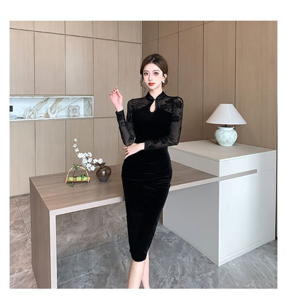 Long-Sleeve Mesh Panel Midi Qipao