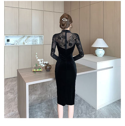 Long-Sleeve Mesh Panel Midi Qipao