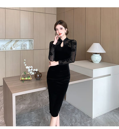 Long-Sleeve Mesh Panel Midi Qipao