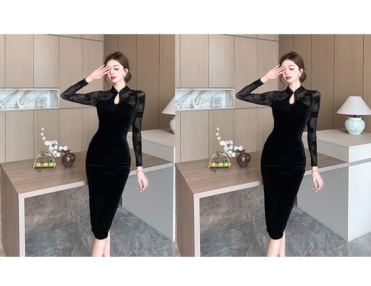 Long-Sleeve Mesh Panel Midi Qipao