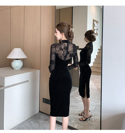 Long-Sleeve Mesh Panel Midi Qipao