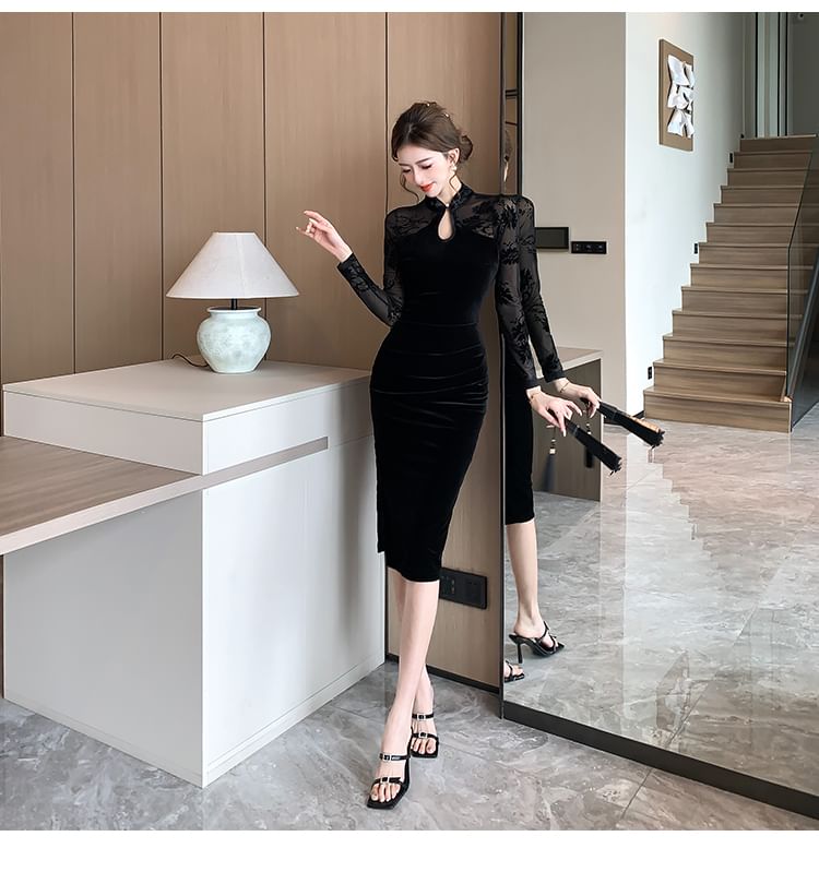 Long-Sleeve Mesh Panel Midi Qipao
