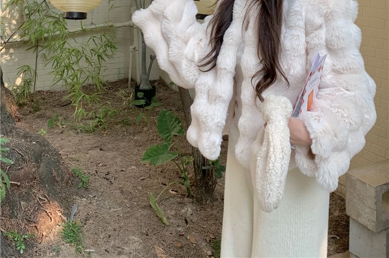 Plain Fluffy Open Front Jacket / Mid Rise Plain Wide Leg Pants