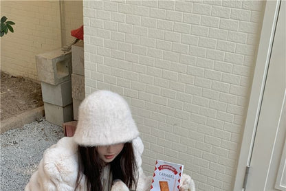 Plain Fluffy Open Front Jacket / Mid Rise Plain Wide Leg Pants