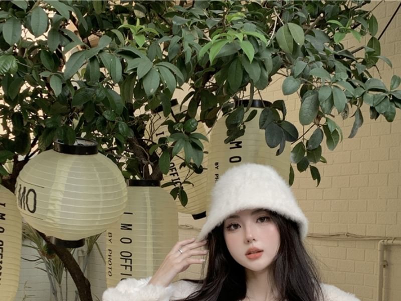 Plain Fluffy Open Front Jacket / Mid Rise Plain Wide Leg Pants